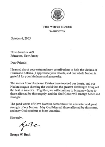 Фрагмент из благодарственного письма в адрес компании «Ново Нордиск», написанного Президентом США Джорджем Бушем