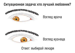 Кто из персонажей (врач или кузнец)  — лучший любовник, если каждый из них при рассказе о своем сексуальном опыте, смотрит так, как показано на рисунке 