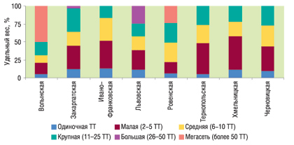Рис. 12. Удельный вес различных типов сетей в разрезе областей Западного региона в общем объеме их розничного товарооборота по итогам IV кв. 2006 г. (без учета доли физических лиц)