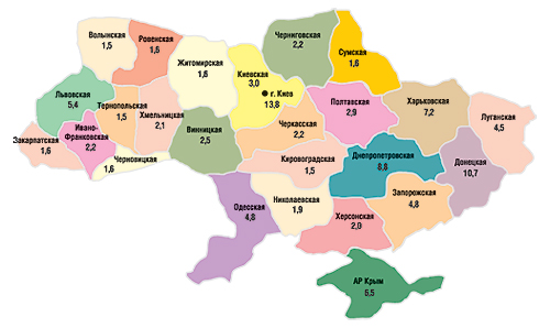 Удельный вес (%) регионов                                     в общем объеме рынка аптечных продаж в денежном                                     выражении в 2007 г.