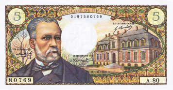 Луи Пастер на французских бонах: 2-франковой монете (1995 г.) и 5-франковой купюре (1968 г.).