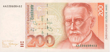 Пауль Эрлих, разработавший препарат Сальварсан. 200 немецких марок (ФРГ), 1989 г.