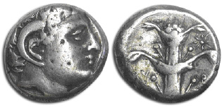 На родосской дидрахме слева ?изображение Аполлона, справа ?растения сильфиум; ок. 322–277 гг. до н.э.