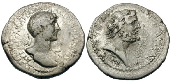 Изображение Асклепия и его посоха (справа) на одной из древнеримских монет