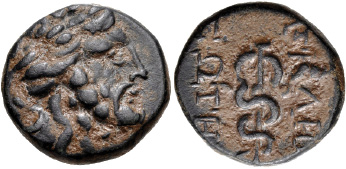 Профиль Асклепия (слева) и его посох (справа) на пергамской драхме периода ок. 133–27 гг. до н.э.