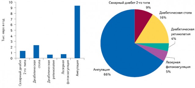 Затраты на лечение 1 больного сахарным диабетом 2-го типа в год и их структура в России (евроэквивалент, рассчитанный по курсу Центрального банка России)