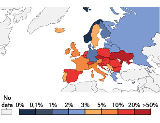  Доля (%) позитивных тестов среди всех проведенных за последние 7 дней по состоянию на 20 октября в странах — членах ЕС (ourworldindata.org)