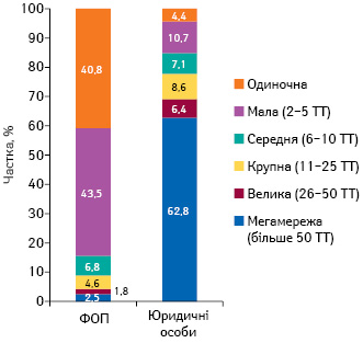 Питома вага торгових точок, що належать ФОП та юридичним особам, у розрізі розмірів аптечної мережі станом на кінець листопада 2020 р.
